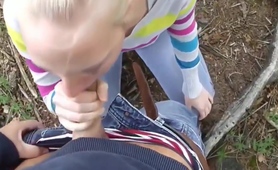 Horny blonde swallows massive meat in the Woods