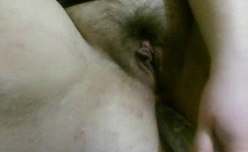 amateur BBW fucking her hairy pussy and booty with dildo