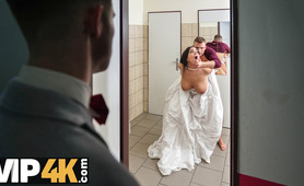 VIP4K. Being locked in the bathroom, sexy bride doesnt lose time and seduces random dude